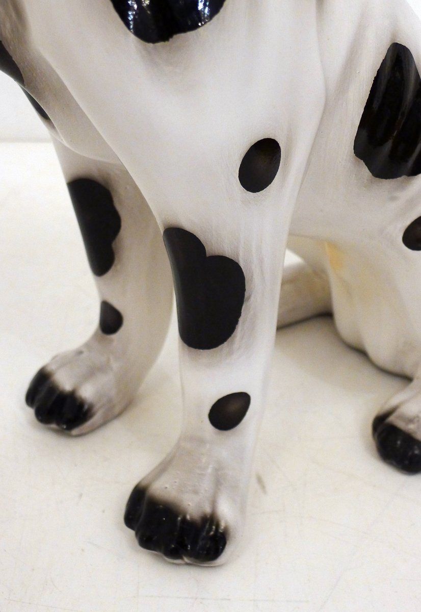 Large Ceramic Sculpture Of A Seated Black And White Dog, 1970s photo vinterior