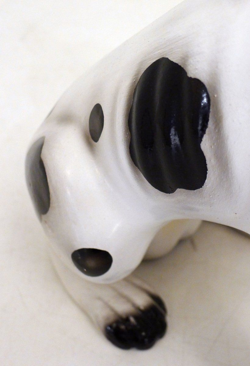 Large Ceramic Sculpture Of A Seated Black And White Dog, 1970s photo buy