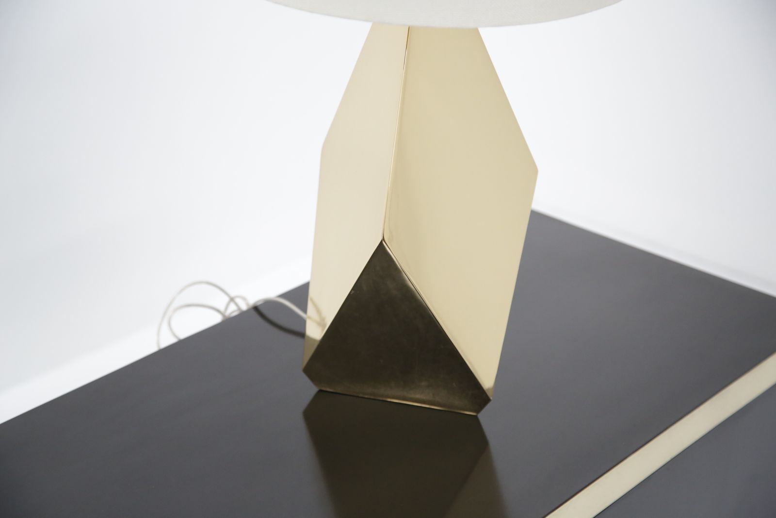 Pair Of Sculptural ‘Origami’ Polished Brass Table Lamps, USA, Mid Century Style photo furniture
