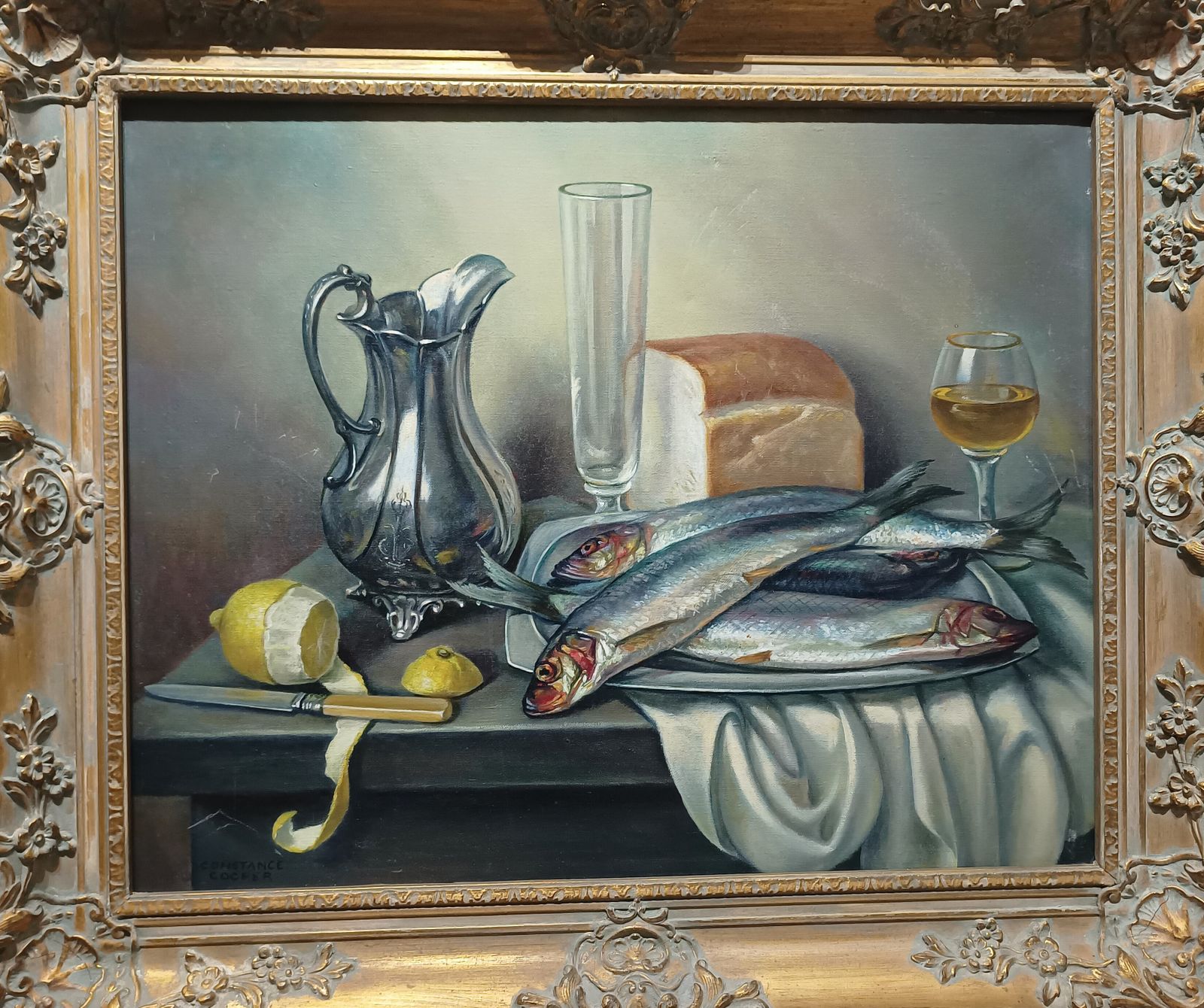 Original Oil Painting Still Life Study Mackerel Lemon And Bread, British Artist Constance M Cooper. photo furniture