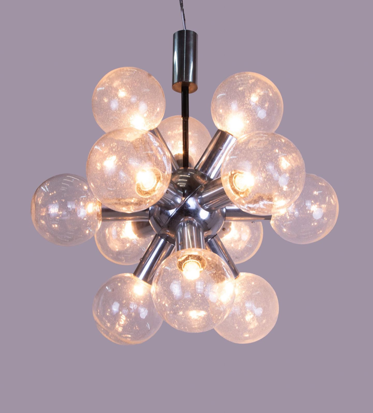 1970 Austria Kalmar Sputnik Chandelier Glass Balls & Chrome 'Rs 12' photo for sale