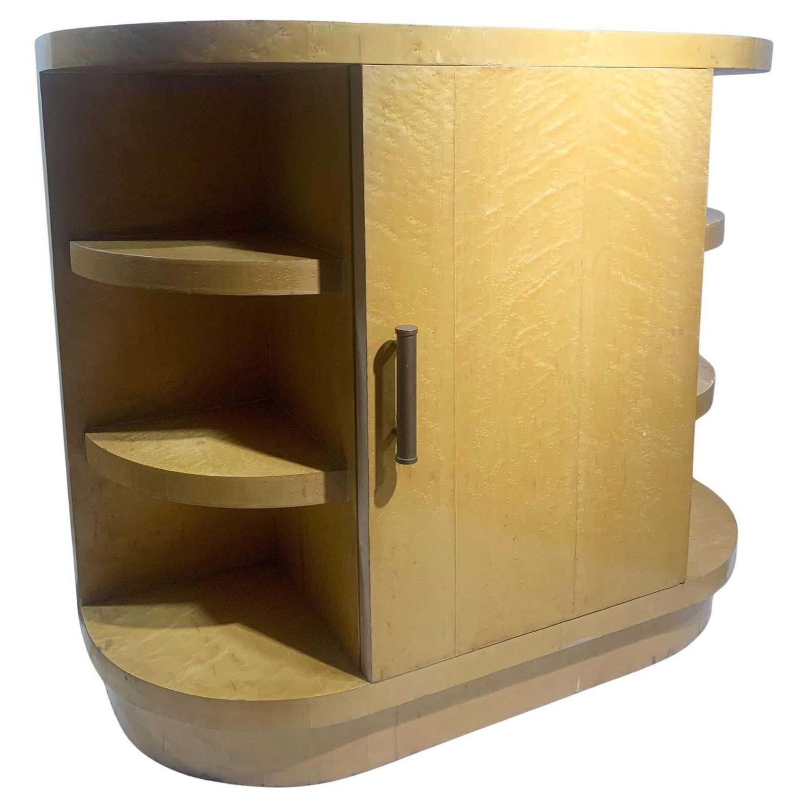 Art Deco Blonde Bird's Eye Maple Sideboard With Curved Open Shelving, Circa 1940