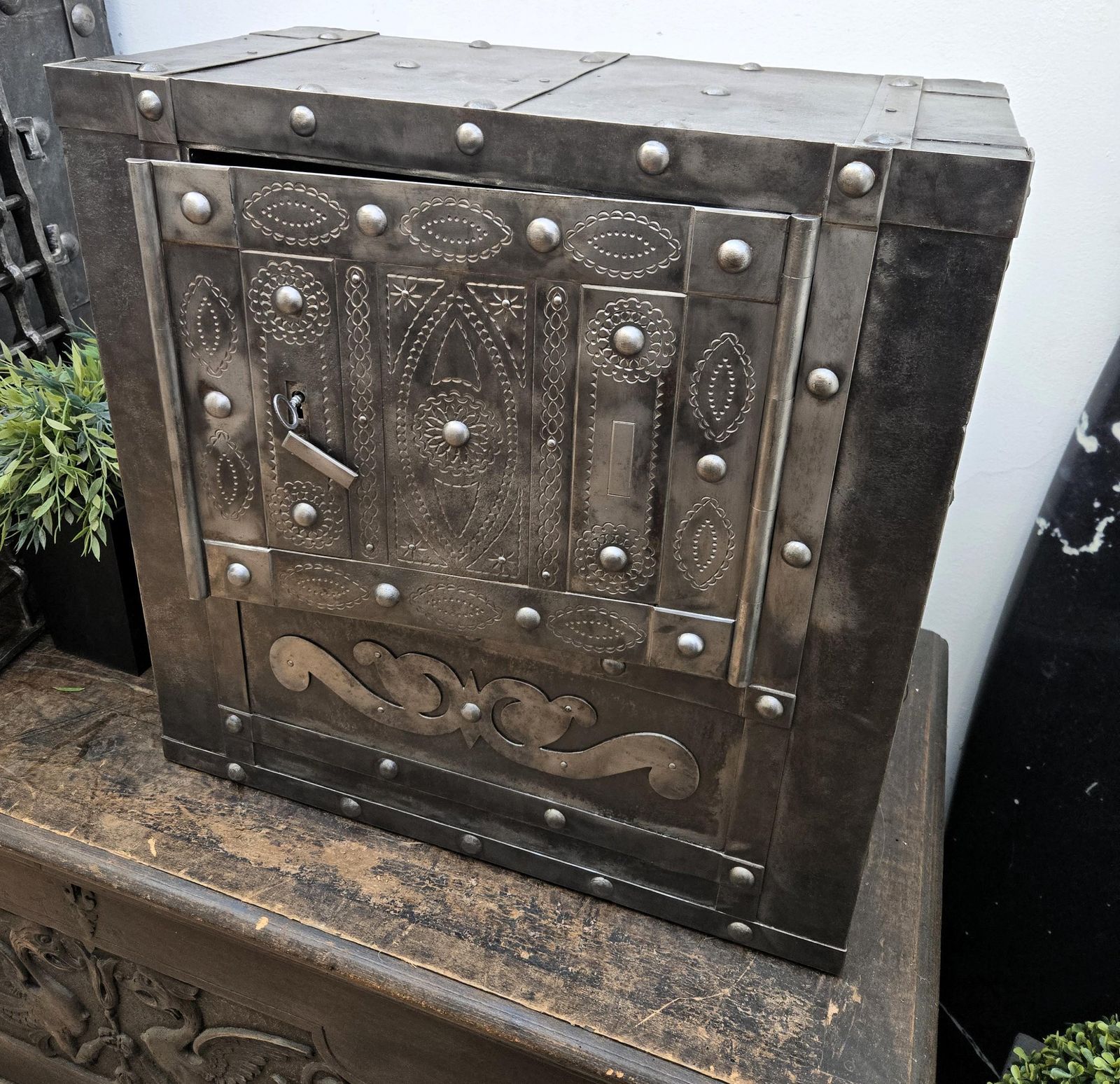 photo furniture 18th Century Wrought Iron Italian Antique Hobnail Safe Strong Box Bar Cabinet
