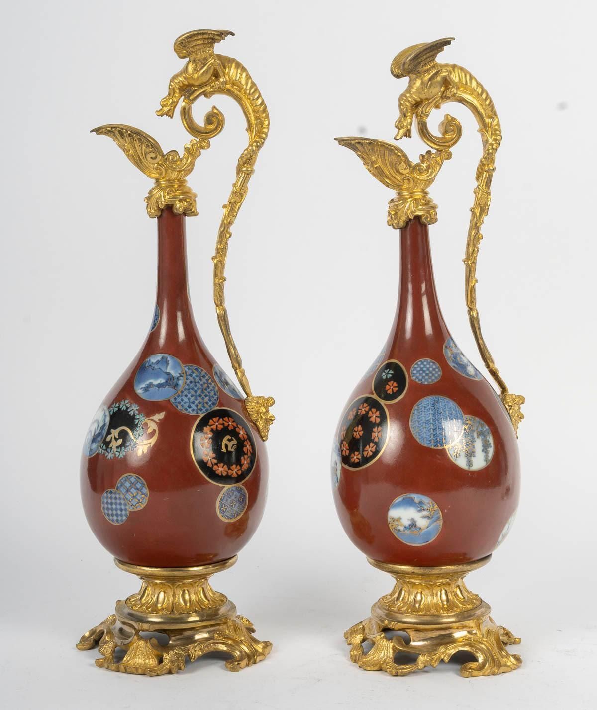 Pair Of Japanese Porcelain Ewers, Gilt Bronze Mount, 19th Century. photo 3089.0