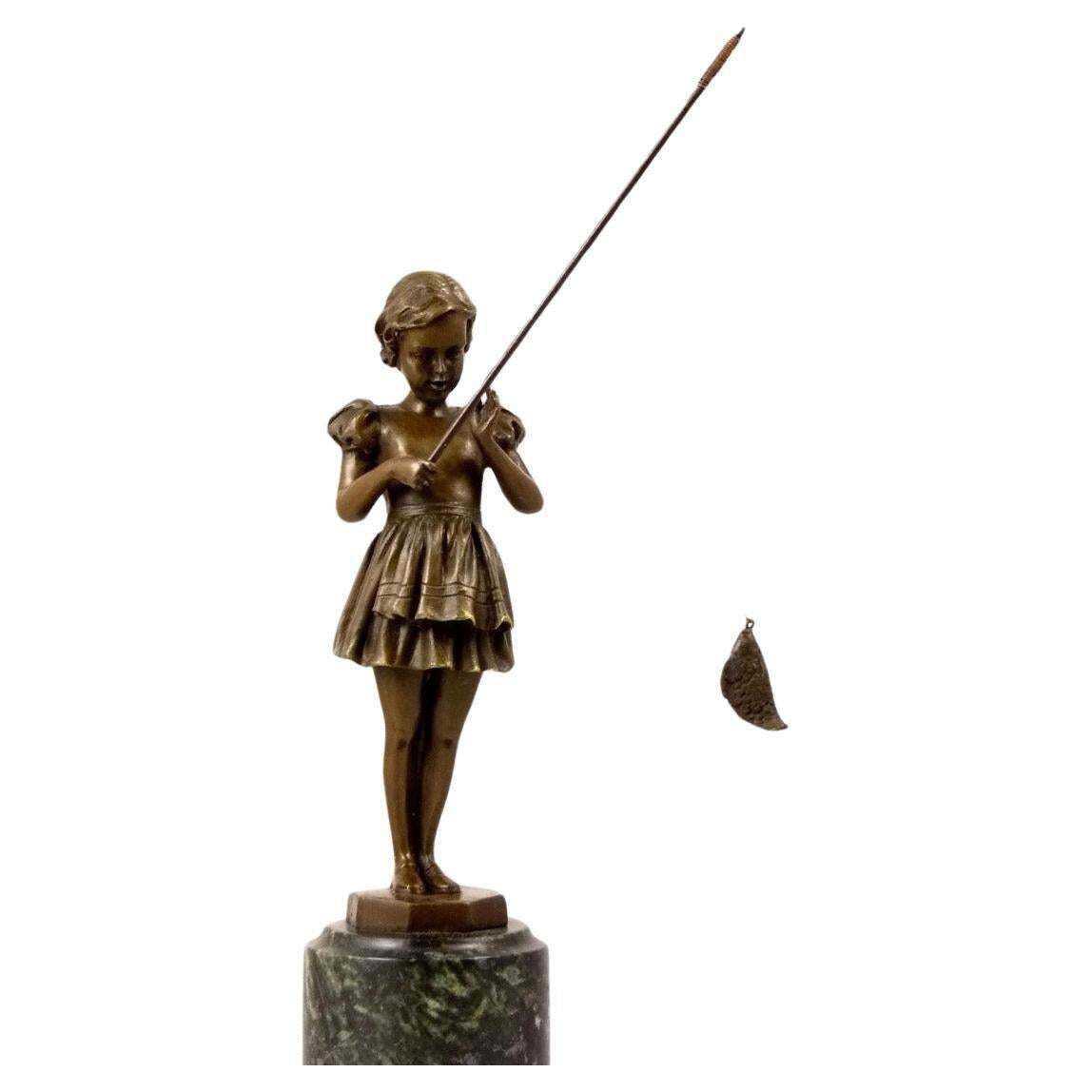 Sculpture Girl With Fishing Rod In Bronze, Art Deco Style, 20th Century