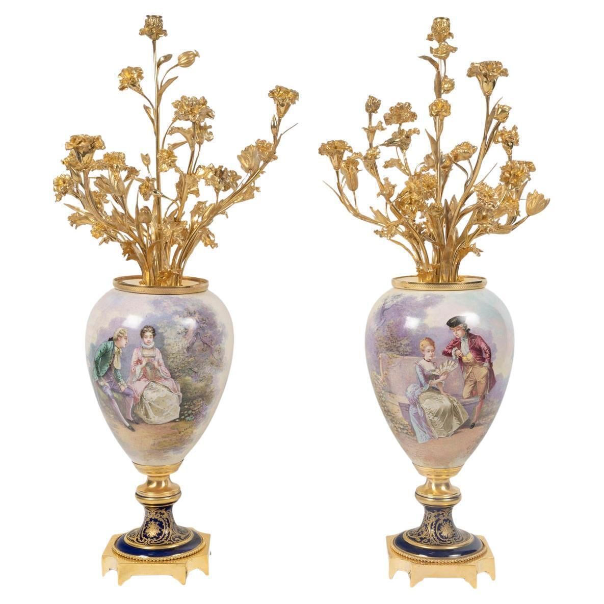 Pair Of Large Porcelain Vases Surmounted By Gilt Bronze Bouquets, 19th Century.