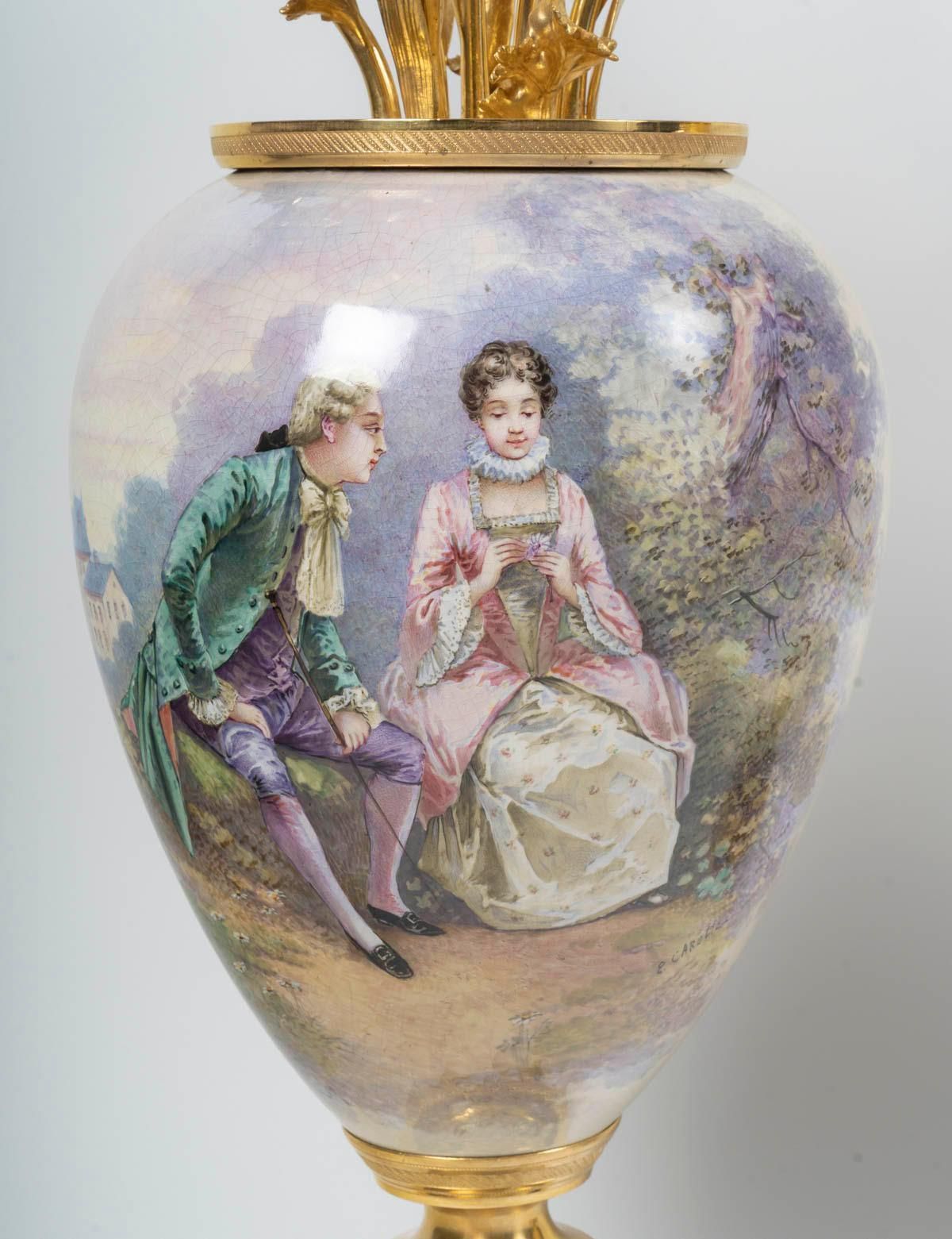 Pair Of Large Porcelain Vases Surmounted By Gilt Bronze Bouquets, 19th Century. photo for sale