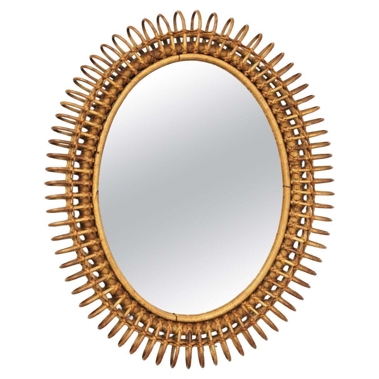 Mid Century Rattan Wall Mirror In Style Of Franco Albini, Italy, 1960s
