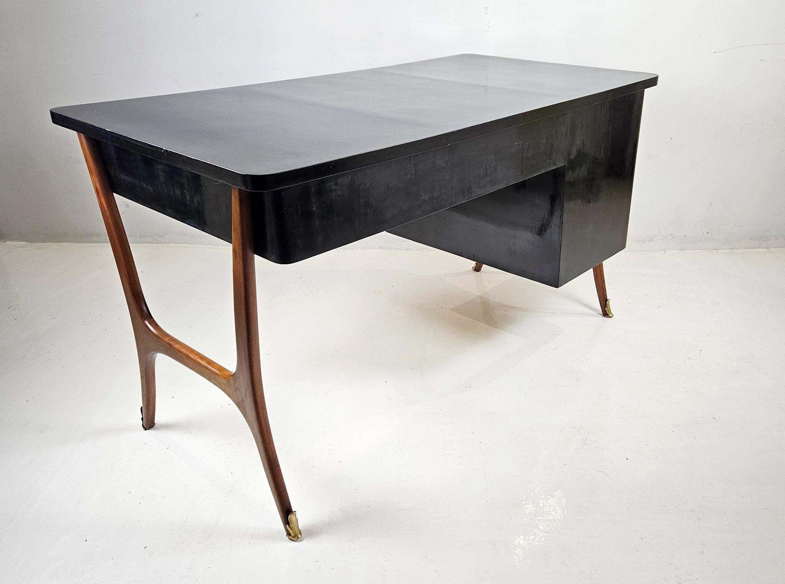 photo for sale Mid Century Modern Desk, Beech & Walnut With Yellow Glass Top, 1950s