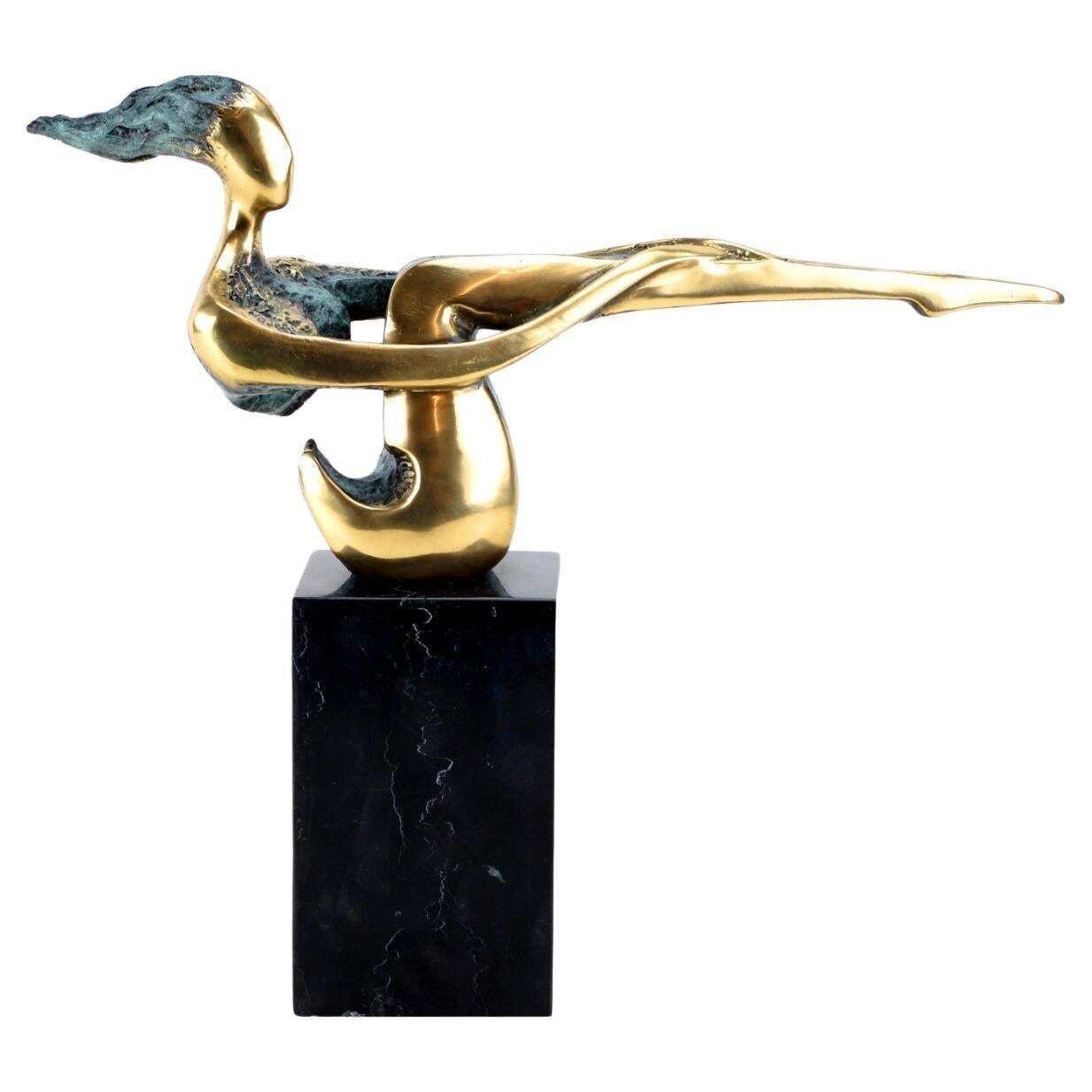 Contemporary Patinated Bronze Statue In Green And Gold On Marble, 20th Century