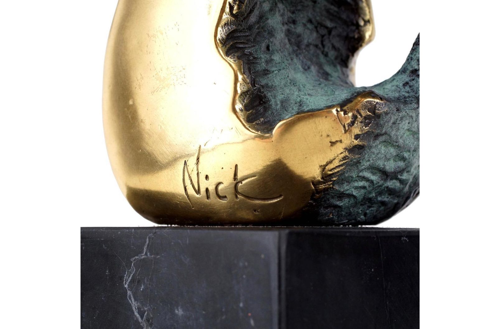 Contemporary Patinated Bronze Statue In Green And Gold On Marble, 20th Century photo vintage