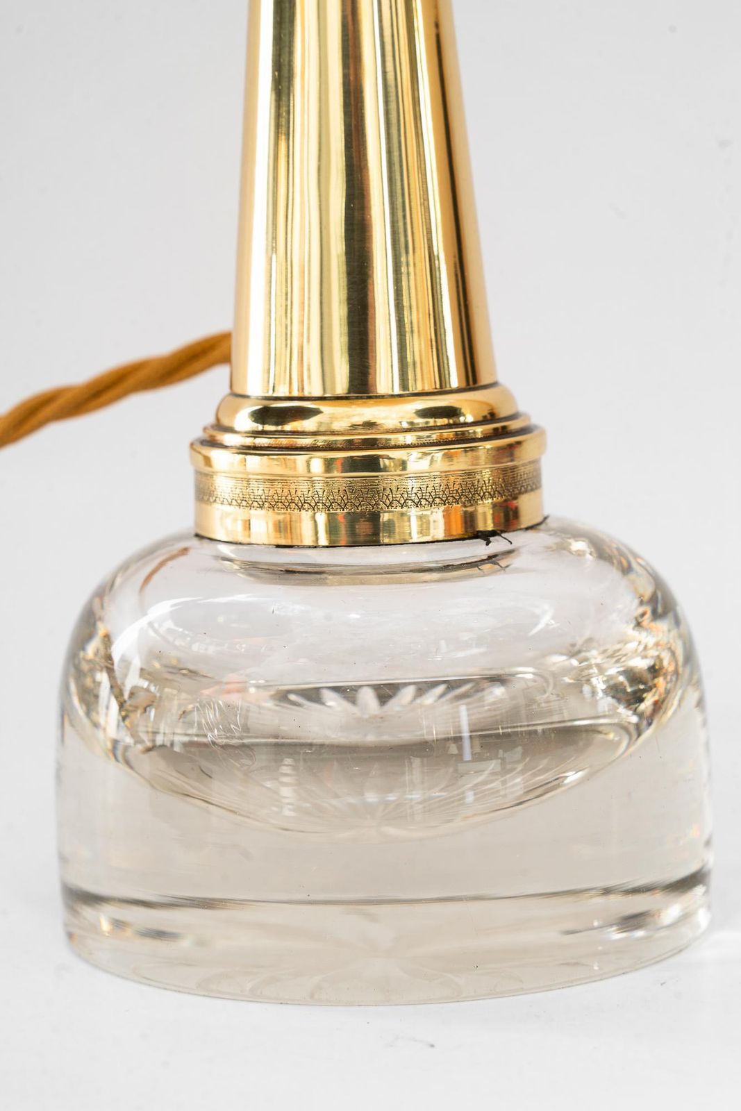Art Deco Glass And Brass Table Lamp With Fabric Shade Around 1920s photo for sale