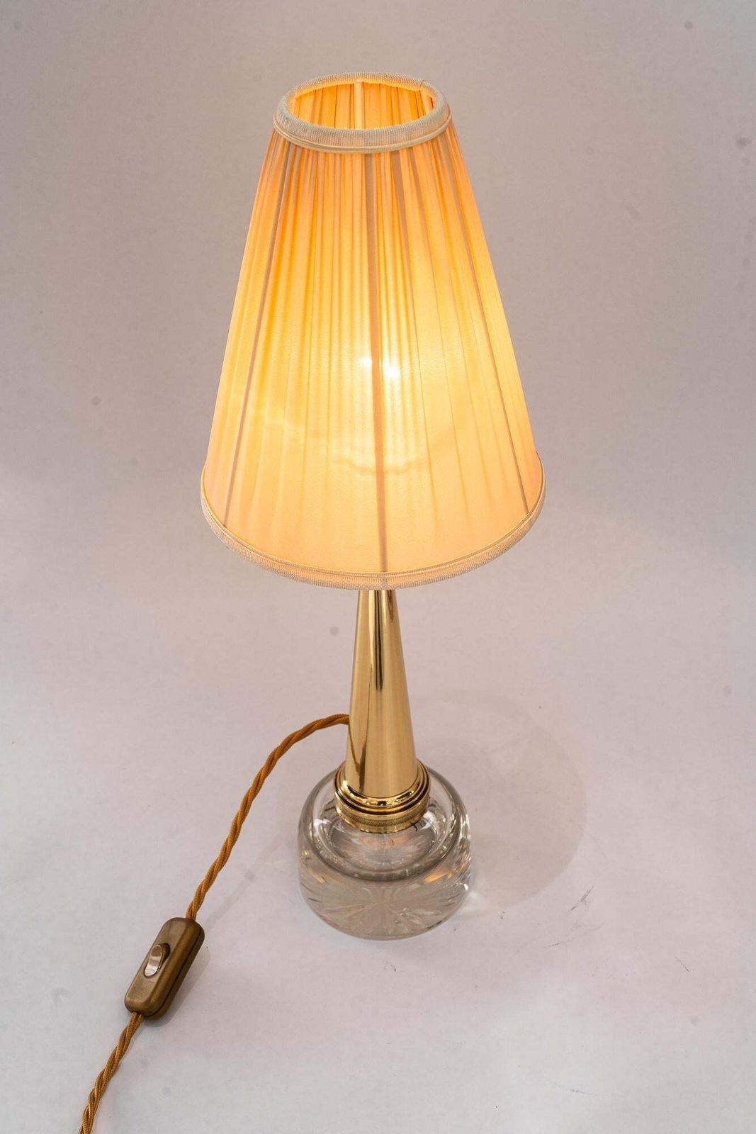 photo for sale Art Deco Glass And Brass Table Lamp With Fabric Shade Around 1920s