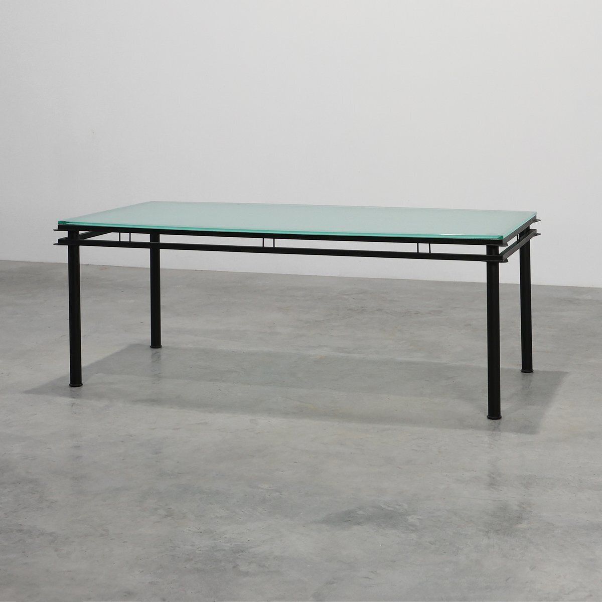 Modernist Dining Table With Black Metal Base And Glass Top, Belgium, 1980s