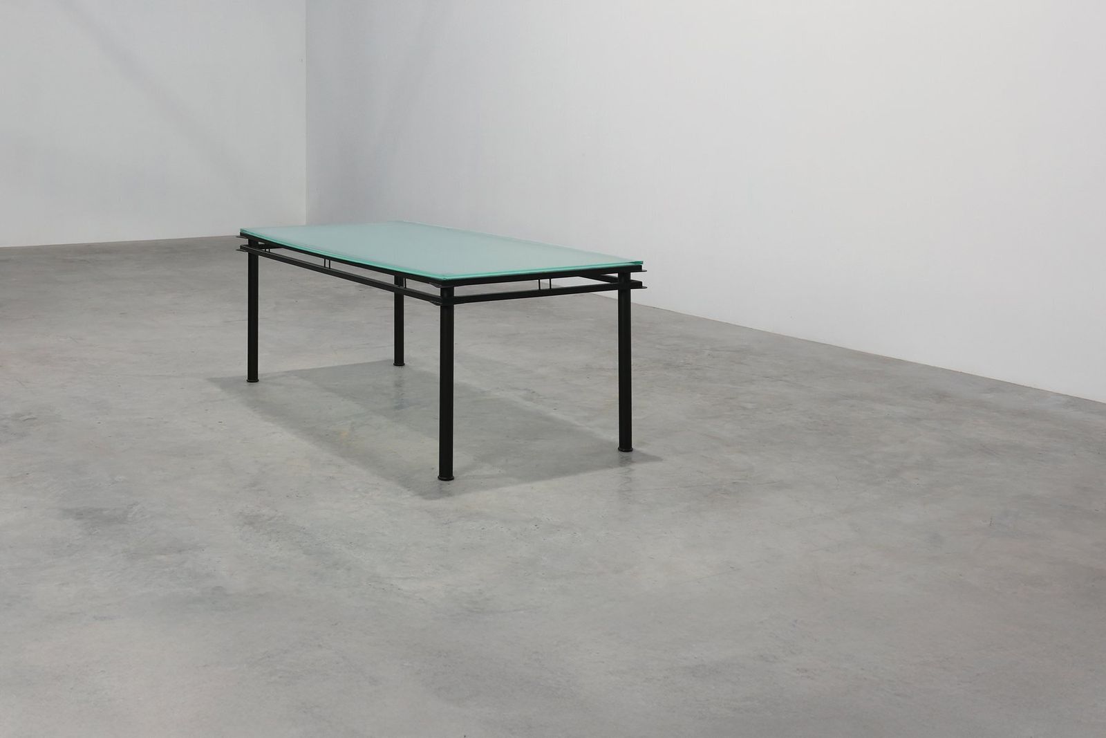 Modernist Dining Table With Black Metal Base And Glass Top, Belgium, 1980s photo buy