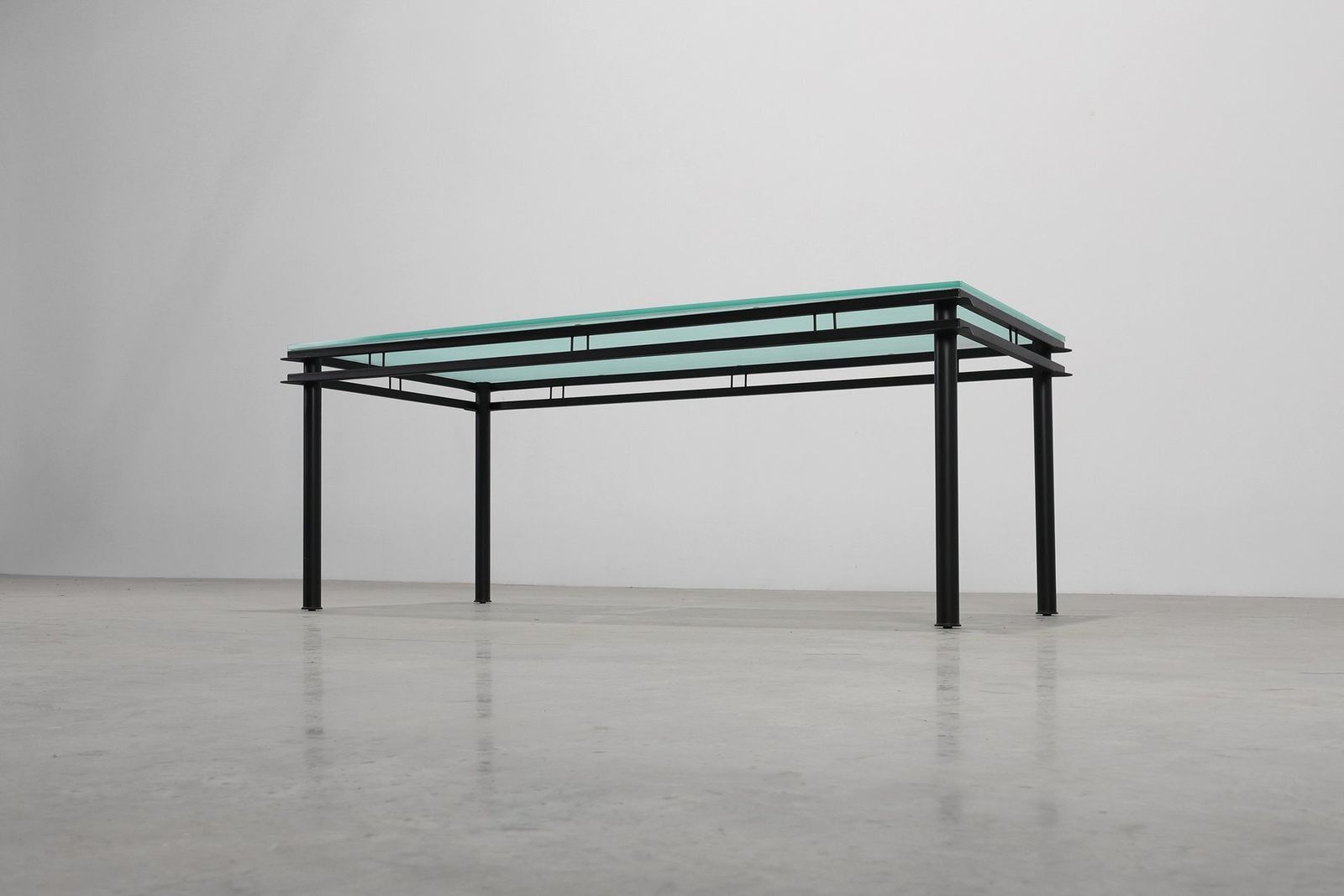 Modernist Dining Table With Black Metal Base And Glass Top, Belgium, 1980s photo vintage