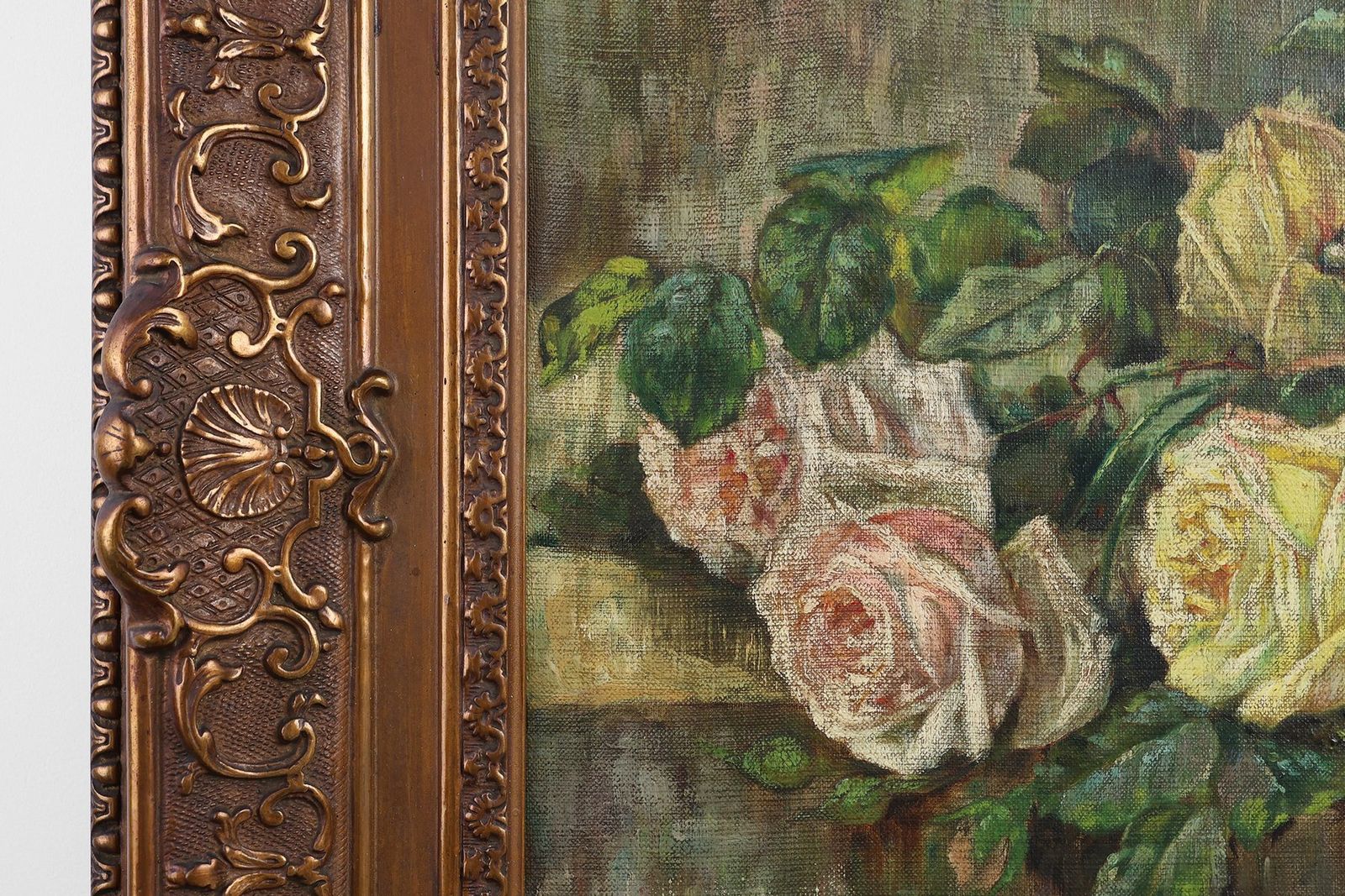Belgian Artist, Romantic Floral Still Life, 1900, Oil Painting, Framed photo Art