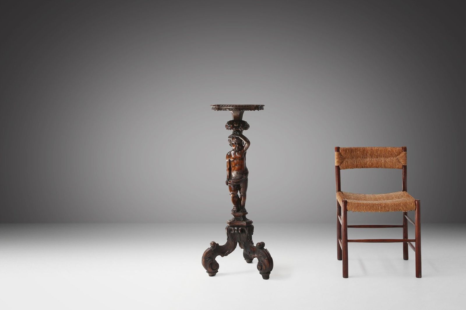 photo vintage Carved Walnut Pedestal Table With Putto, France, 1850s
