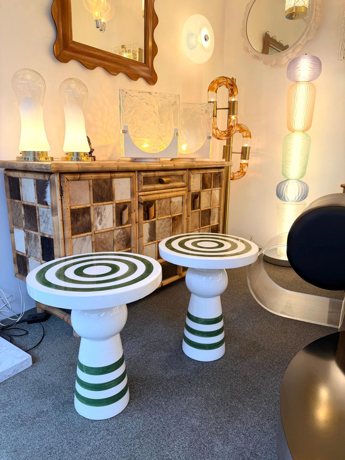 Contemporary Pair Of Green And White Ceramic Stripe Side Tables. Italy photo furniture
