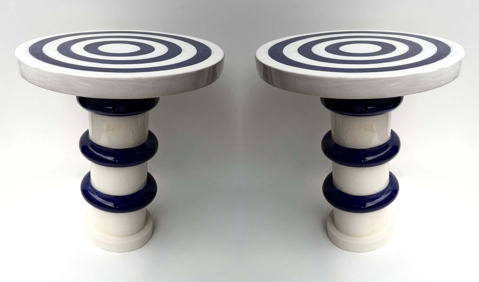 Contemporary Pair Of Blue And White Ceramic Stripe Side Tables. Italy