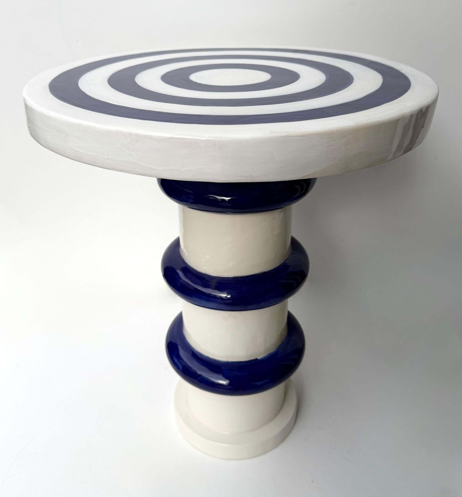 Contemporary Pair Of Blue And White Ceramic Stripe Side Tables. Italy photo for sale