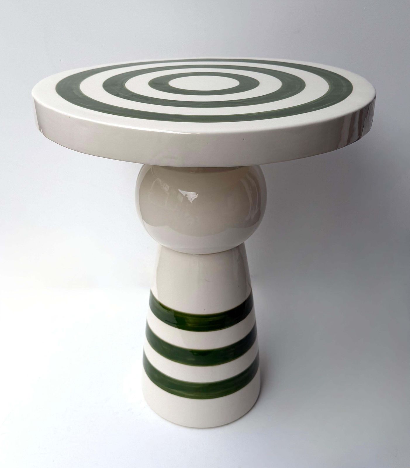 Furniture Contemporary Pair Of Green And White Ceramic Stripe Side Tables. Italy photo