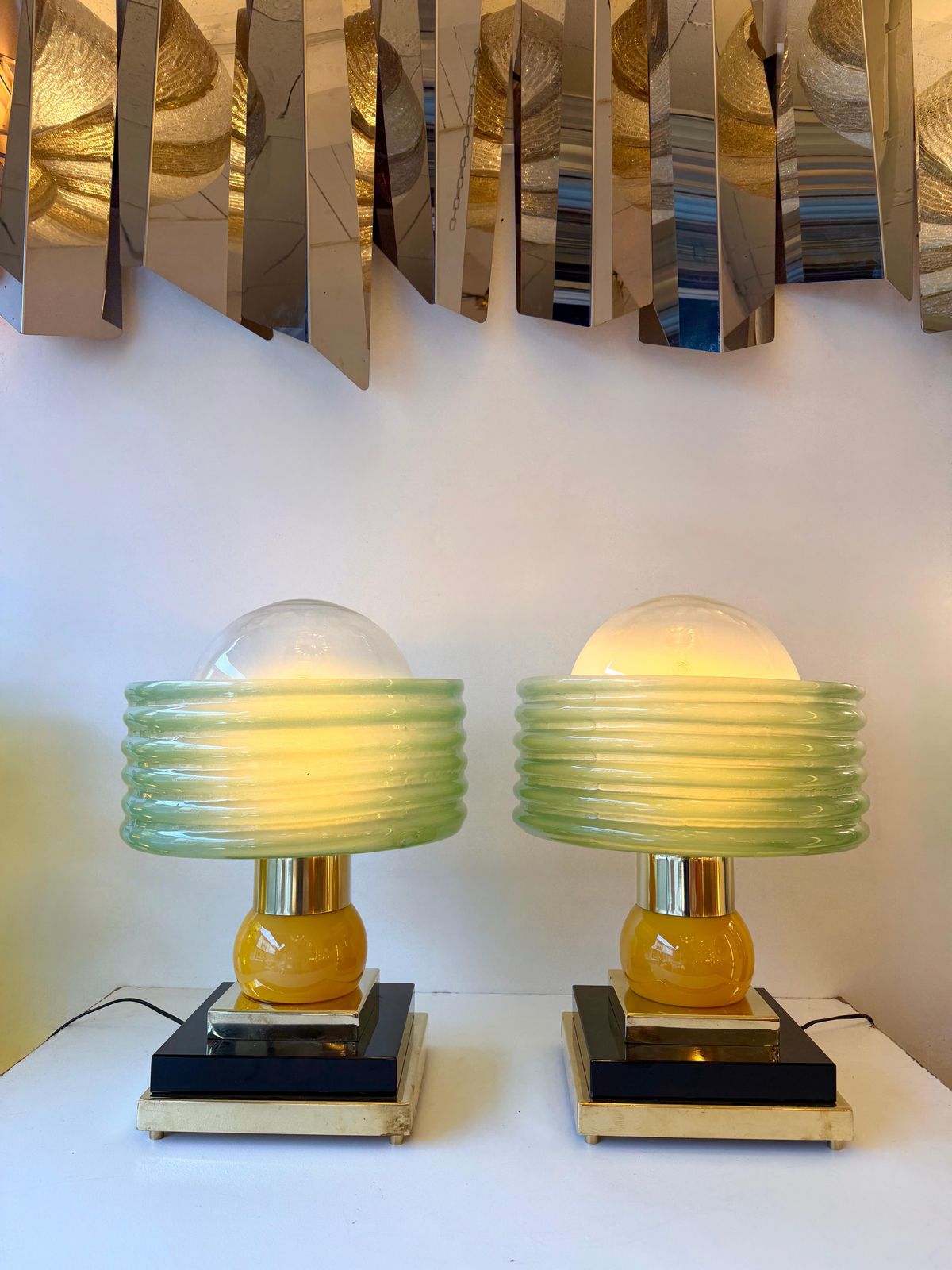 Contemporary Pair Of Brass And Green Murano Glass Wave Shades Lamps, Italy photo 4621.0