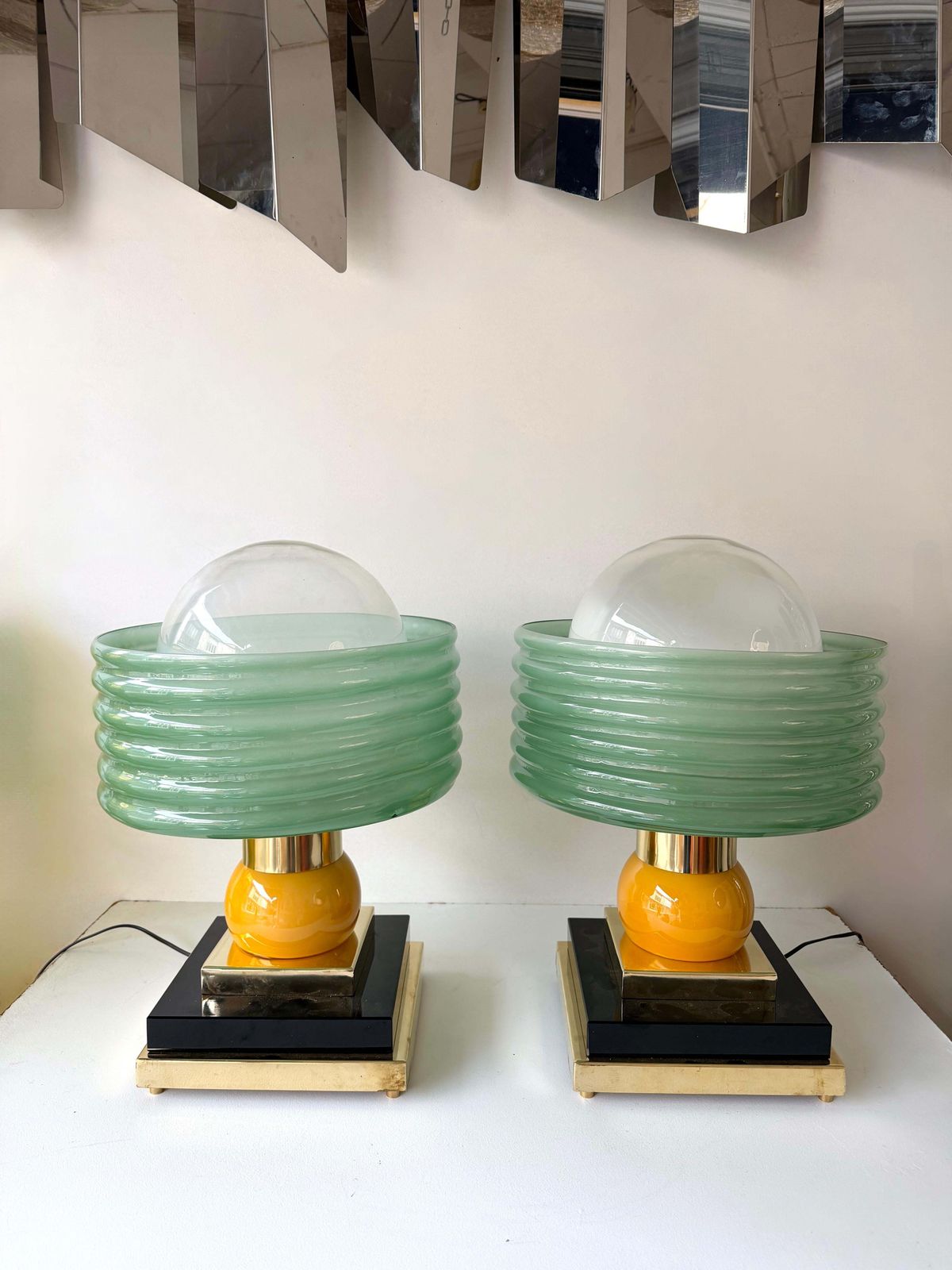 photo furniture Contemporary Pair Of Brass And Green Murano Glass Wave Shades Lamps, Italy