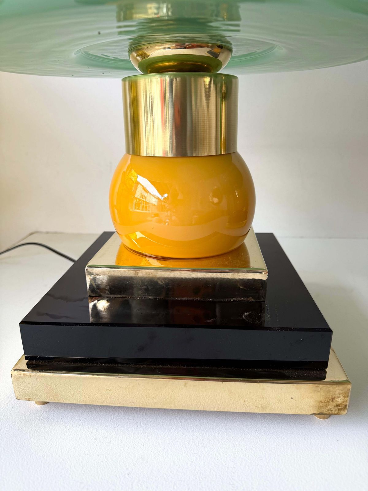 photo for sale Contemporary Pair Of Brass And Green Murano Glass Wave Shades Lamps, Italy
