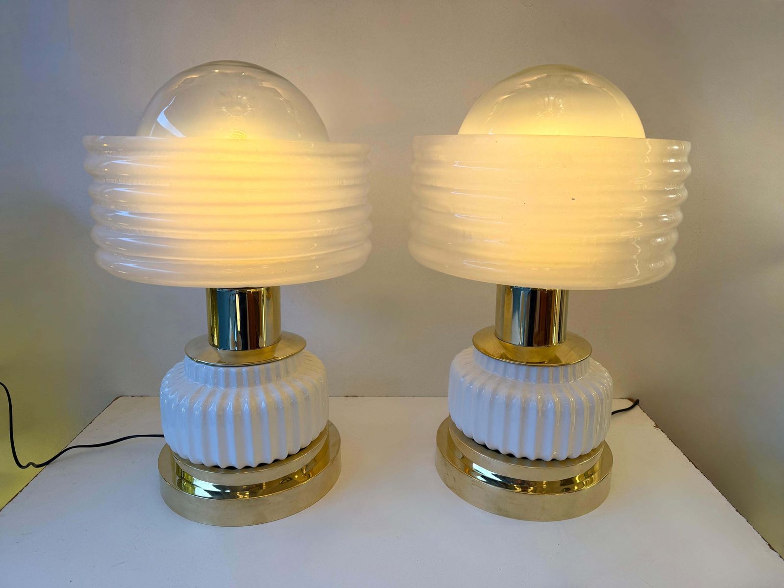 photo for sale Contemporary Pair Of Brass And White Murano Glass Wave Shades Lamps, Italy
