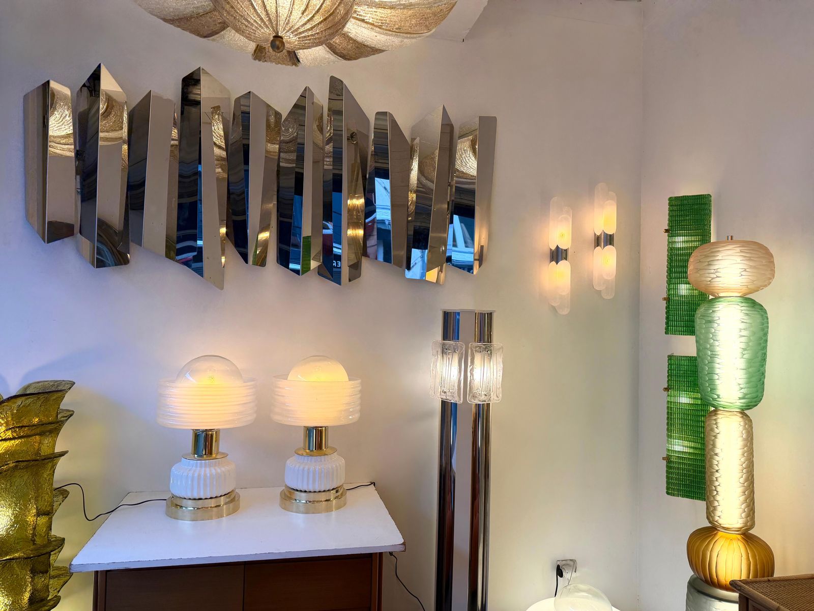 Lighting Contemporary Pair Of Brass And White Murano Glass Wave Shades Lamps, Italy photo