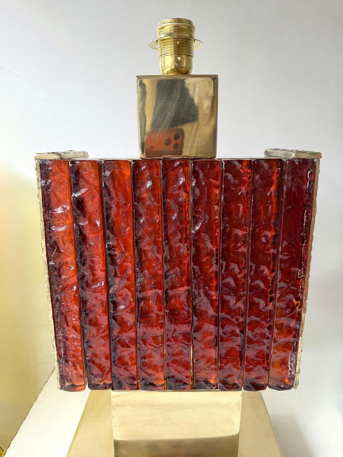 photo furniture Contemporary Pair Of Brass Fusion And Red Murano Glass Lamps, Italy