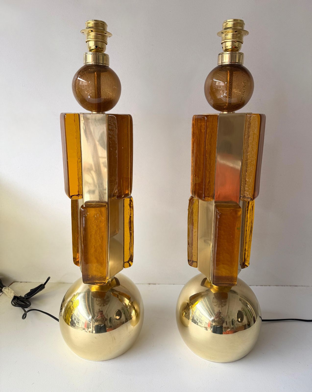 Contemporary Pair Of Brass And Murano Glass Lamps, Italy photo vinterior