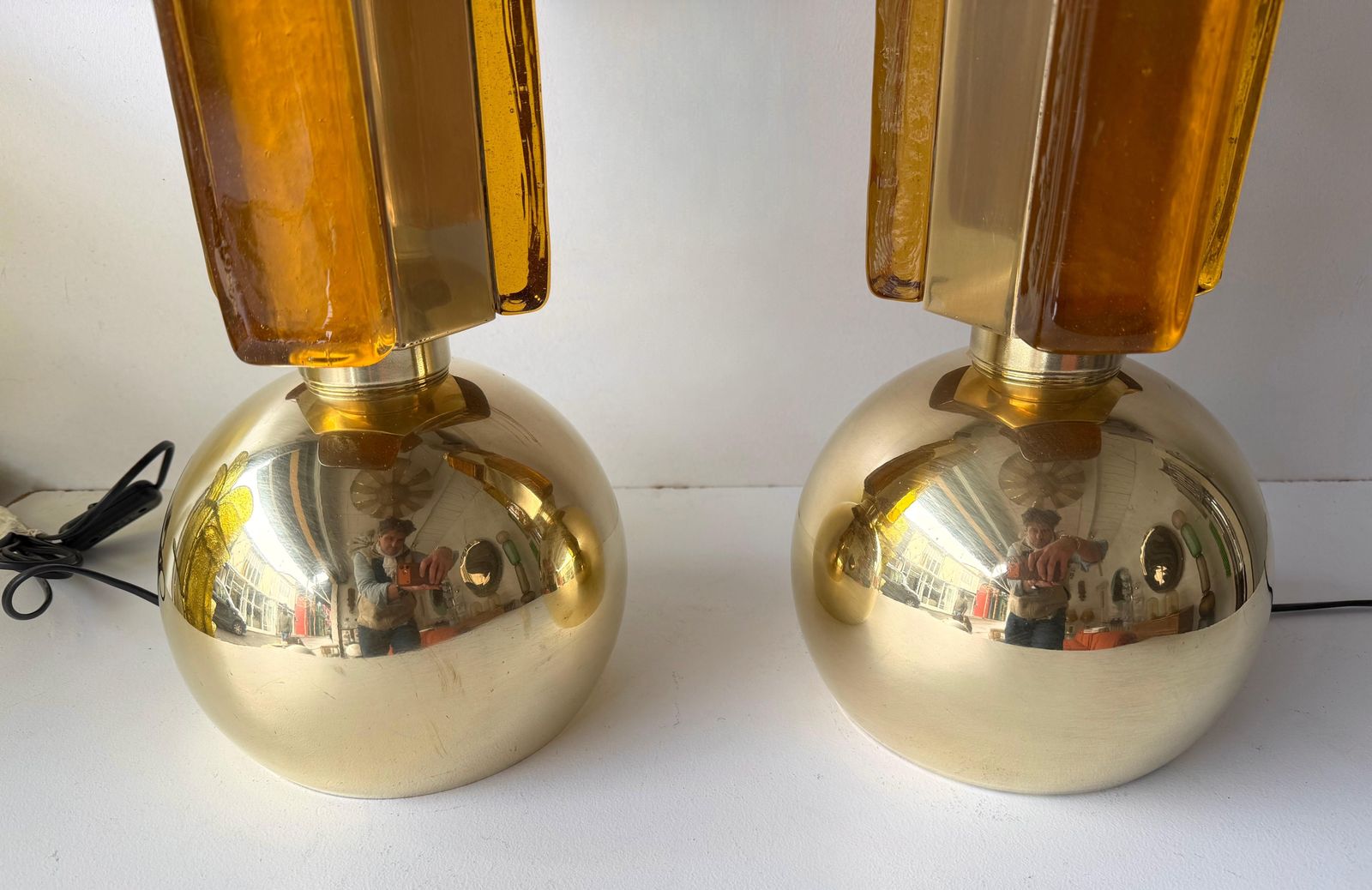photo furniture Contemporary Pair Of Brass And Murano Glass Lamps, Italy