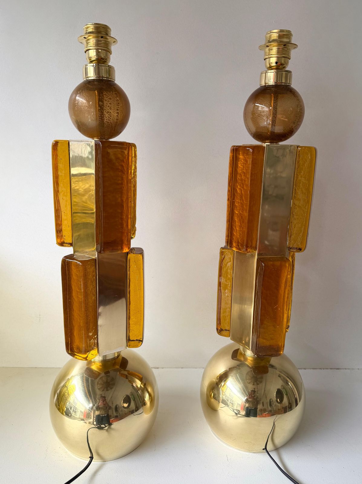 photo for sale Contemporary Pair Of Brass And Murano Glass Lamps, Italy