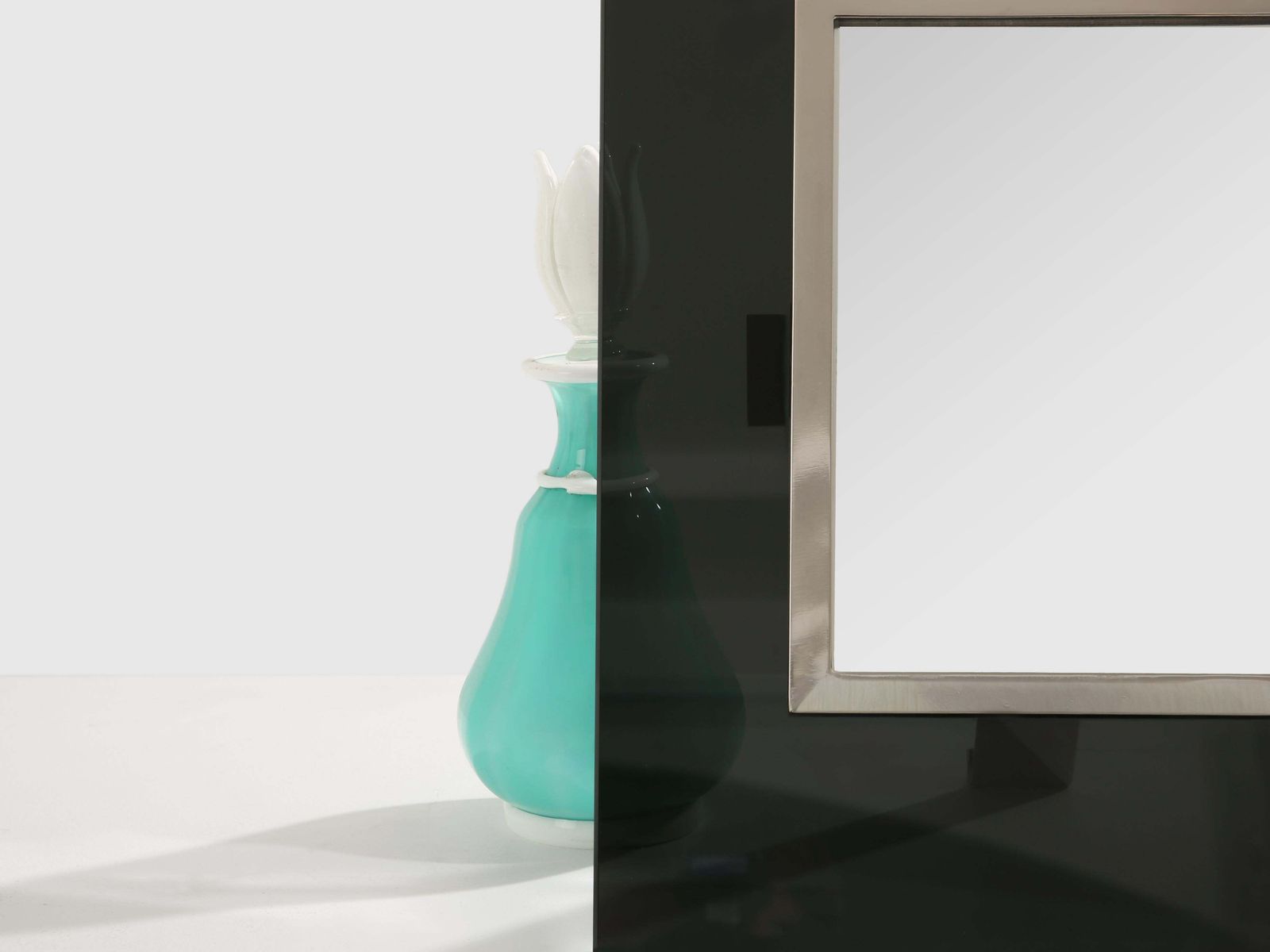 photo furniture La Maison Desny Art Deco Nickel Metal Opaline Glass Table Vanity Mirror 1930s