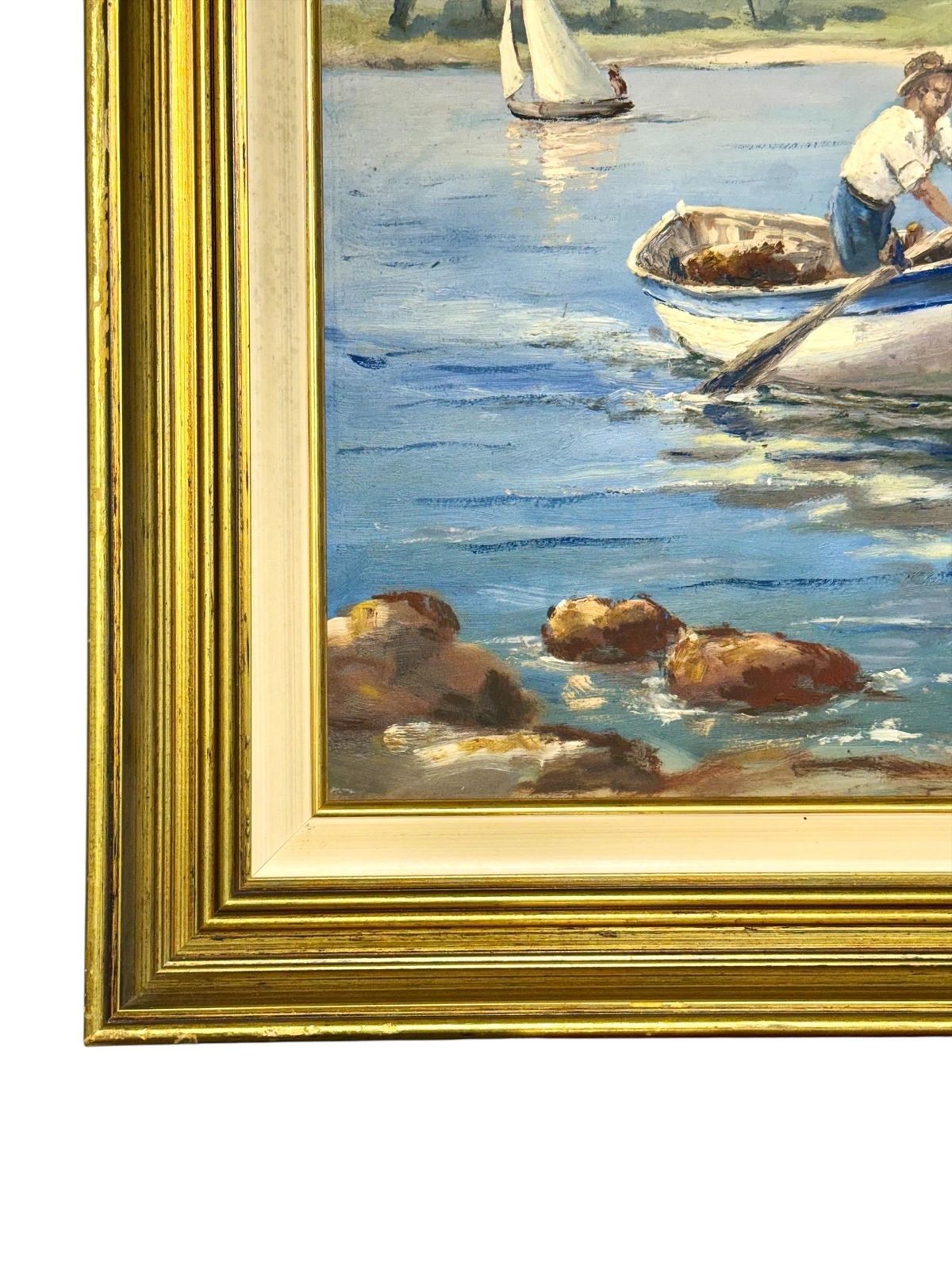 Large Mediterranean Coastal Scene With Boats By F. Borelly photo furniture