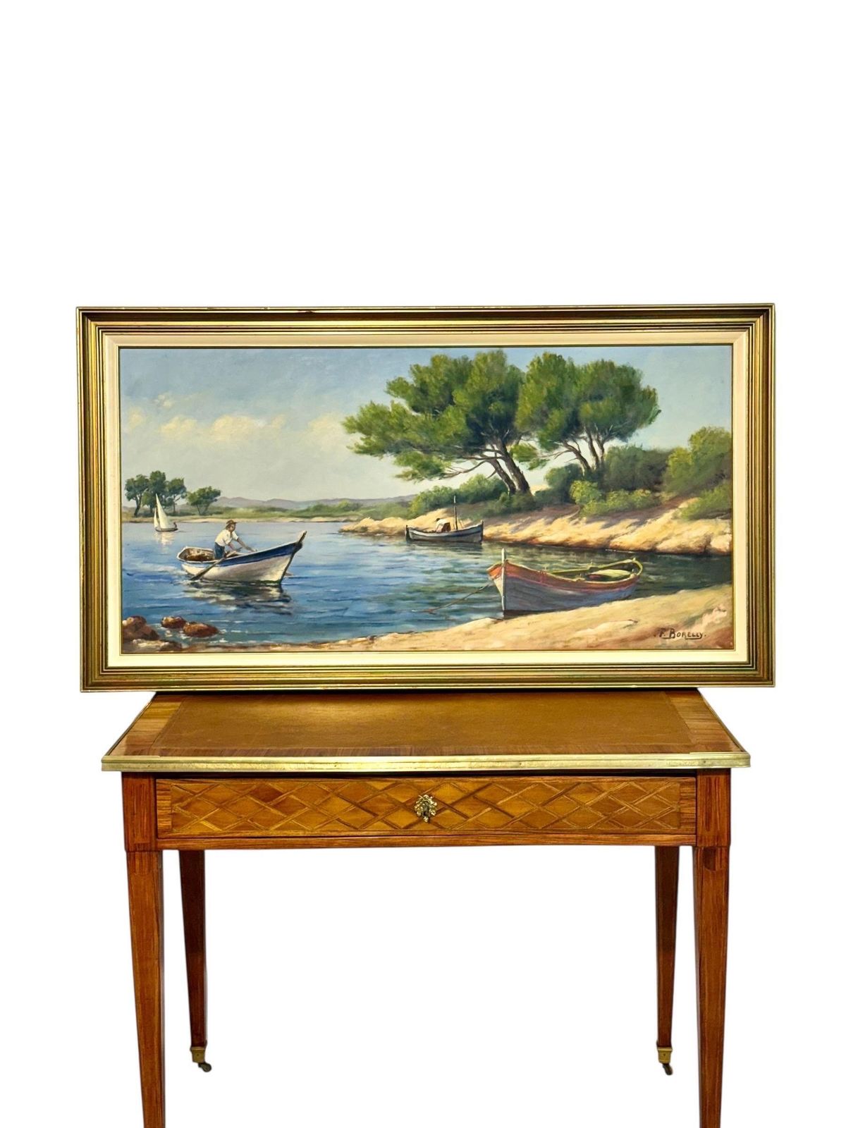 photo for sale Large Mediterranean Coastal Scene With Boats By F. Borelly