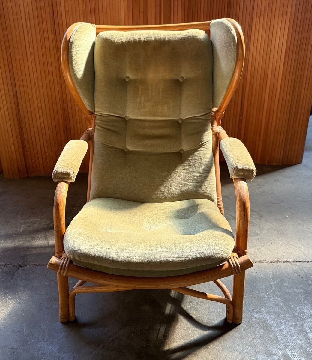 Rattan And Light Green Velvet Armchair, 1960s photo furniture