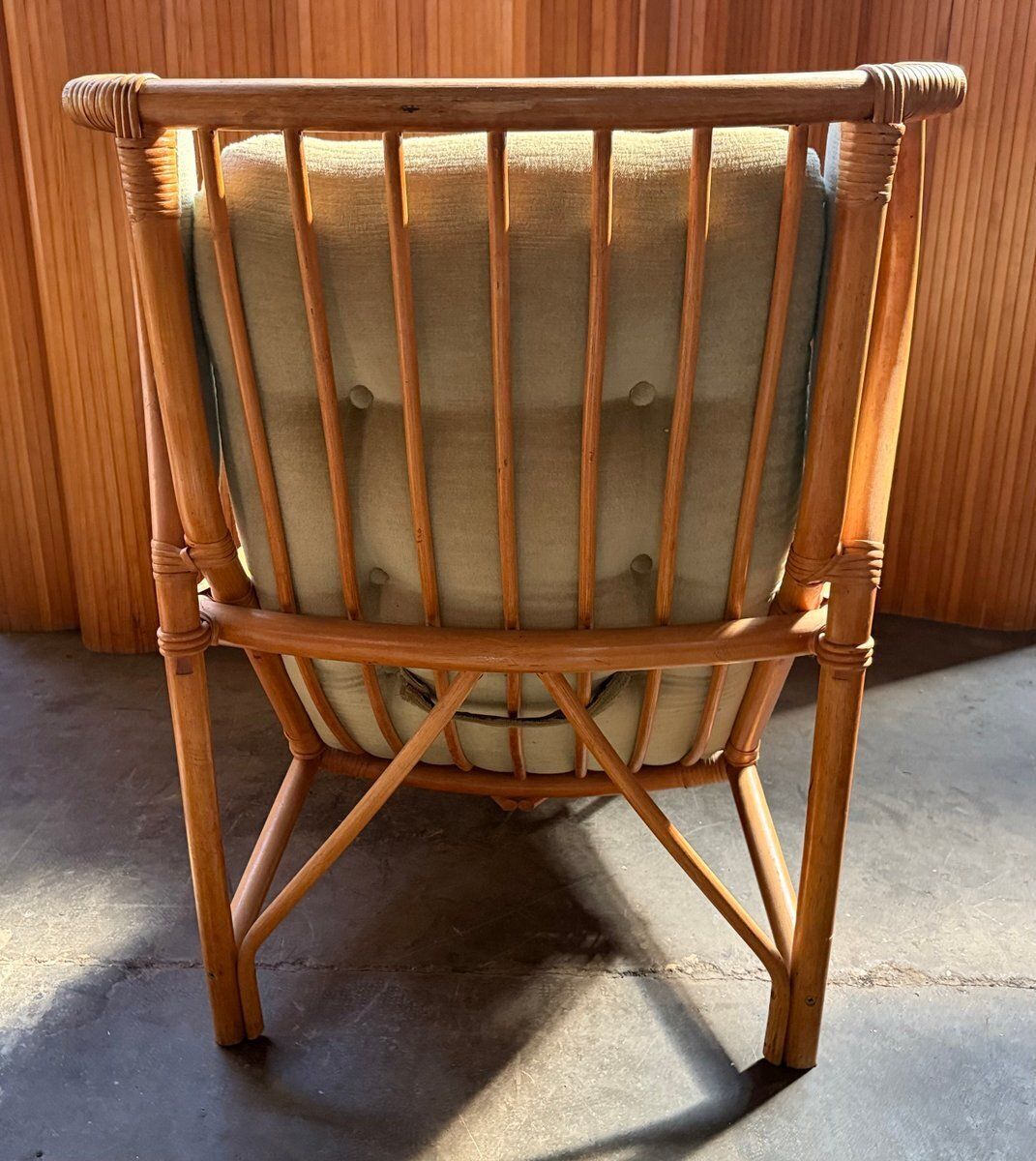 Rattan And Light Green Velvet Armchair, 1960s photo for sale
