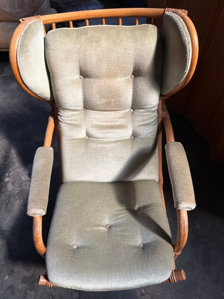 Rattan And Light Green Velvet Armchair, 1960s photo vinterior
