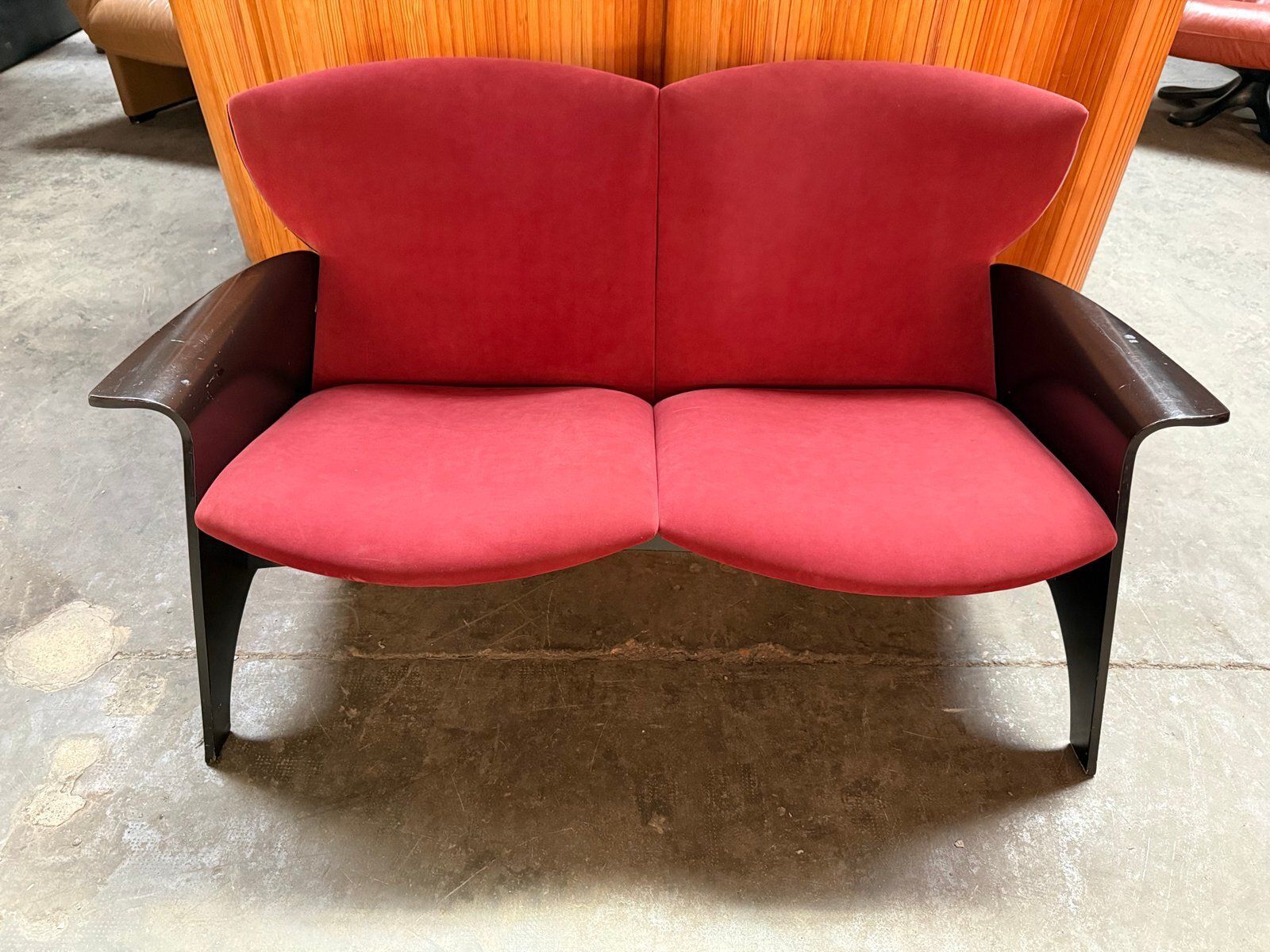 Black Plywood Sofa With Burgundy Velvet Upholstery, 1980s