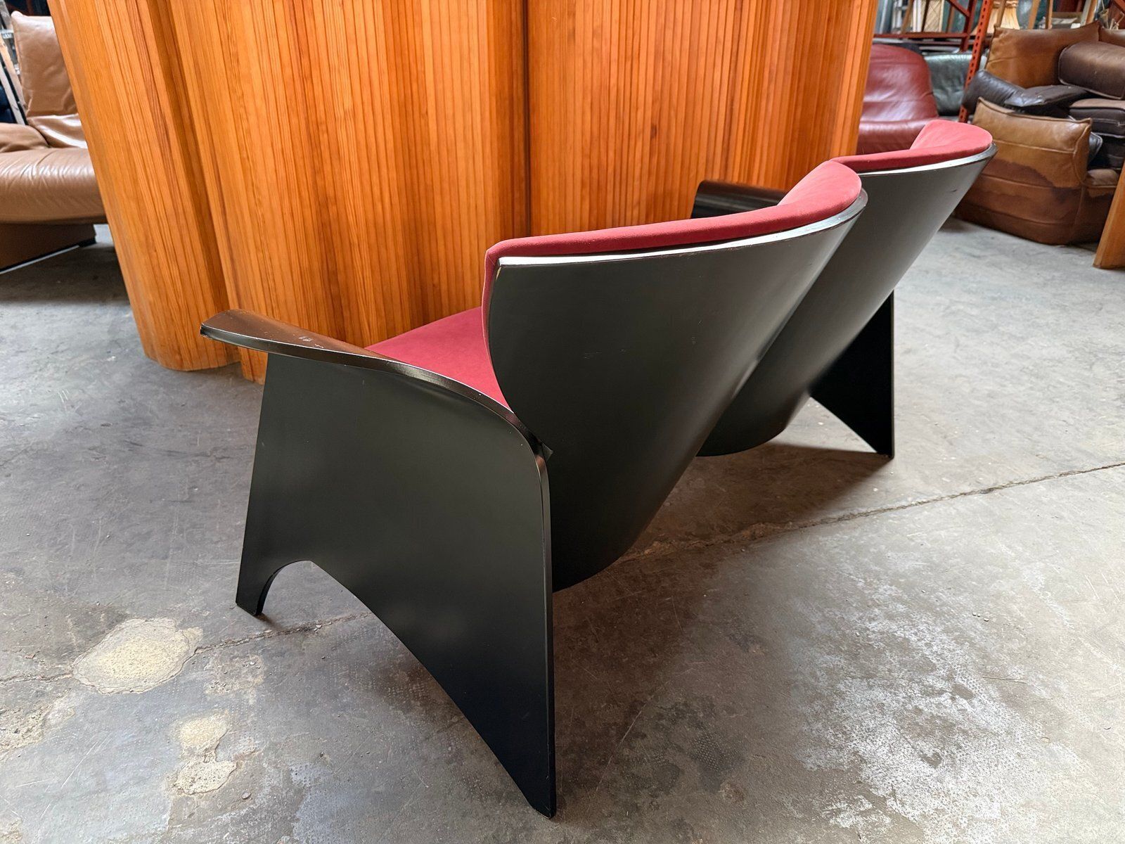 Black Plywood Sofa With Burgundy Velvet Upholstery, 1980s photo vinterior
