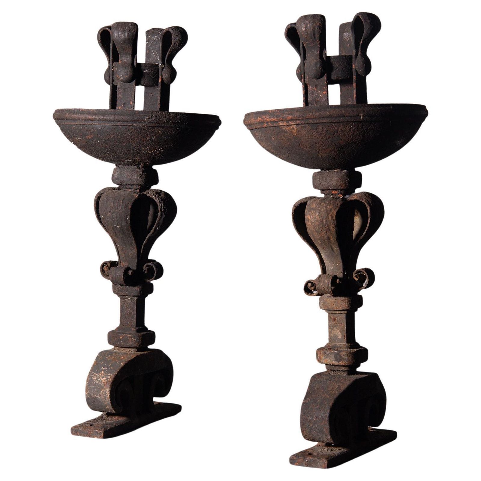 Pair Of Antique Italian Wrought Iron Torch Holders For Outdoor Use