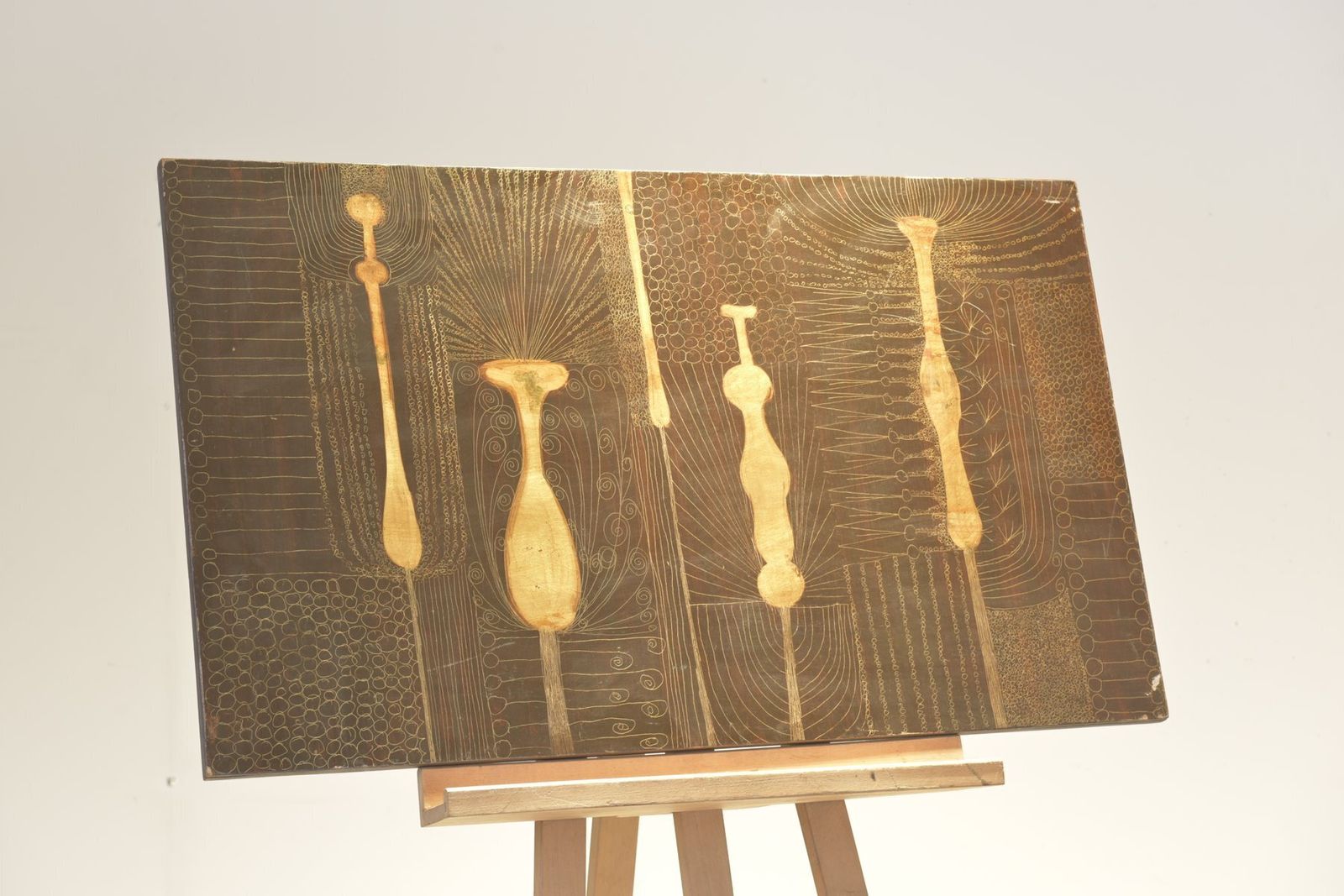 Abstract Plants, Scratch Picture Made Of Aluminum Foil, Chipboard Coated With Brownish Clear Varnish photo 506.0