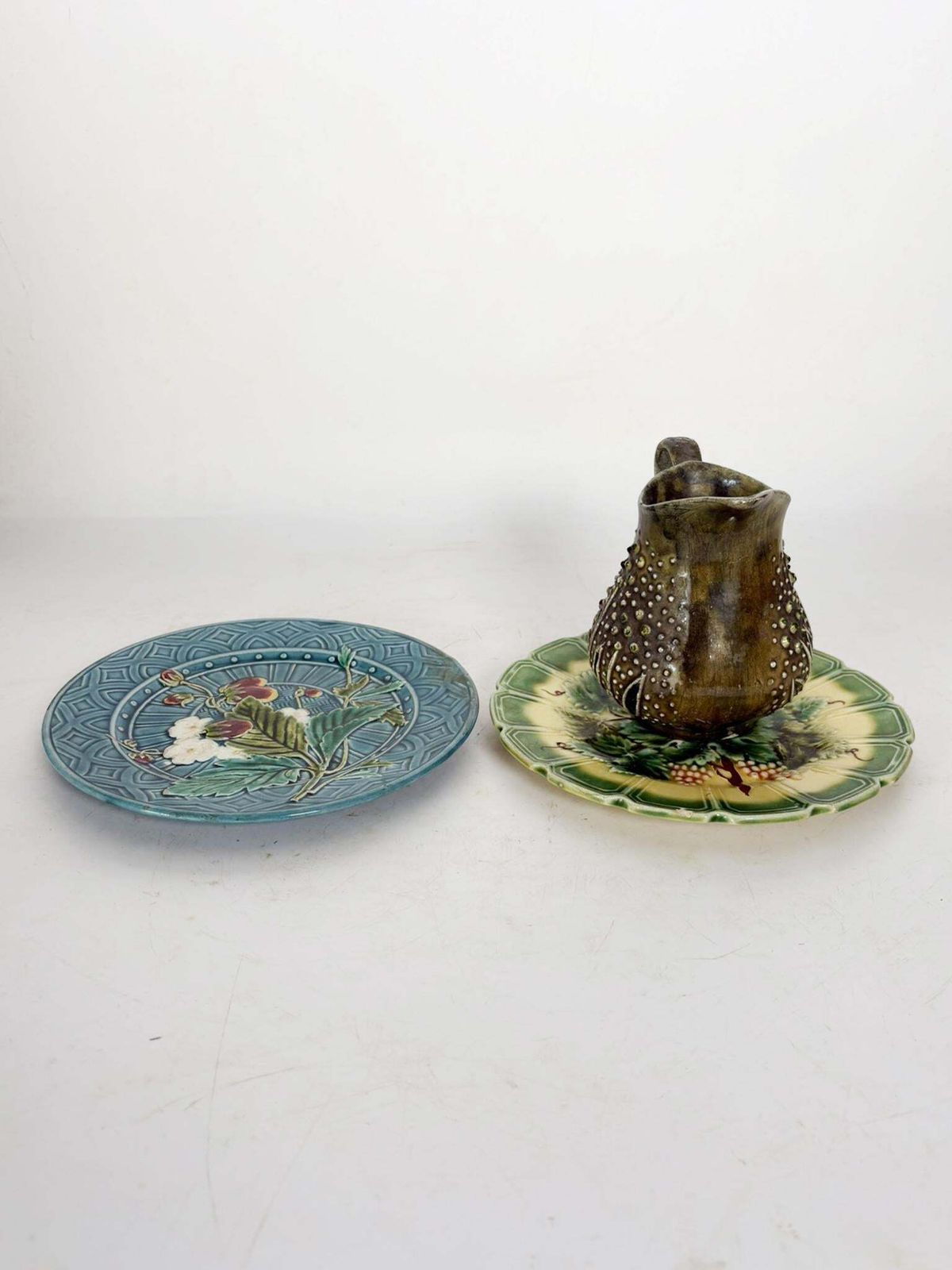 Set Of Majolica Plates Signed With Floral Motifs And A Pitcher photo Home Decor