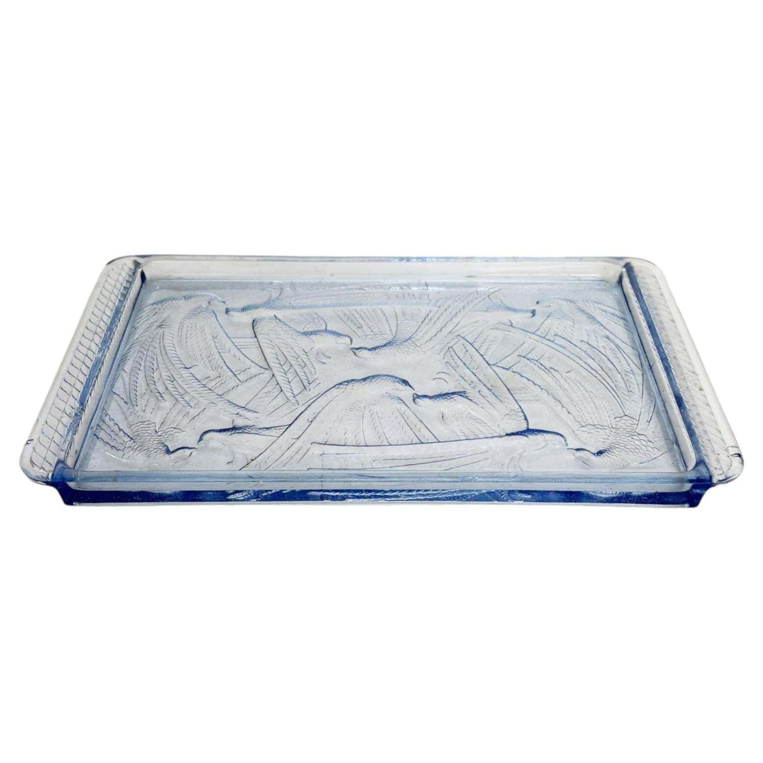 Blue Glass Tray, Art Deco Style With Bird Motif, France, 1940