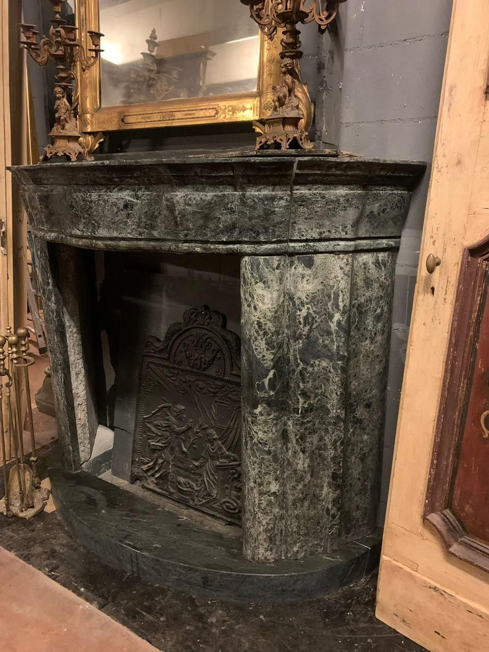 photo vinterior Green Alps Marble Fireplace, Carved Art Deco And Complete With Base, Italy