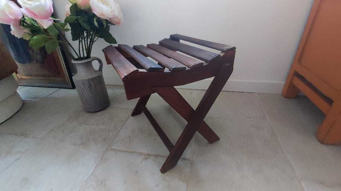 French Wooden Folding Stool With Slats, 1930s Footstool photo vinterior