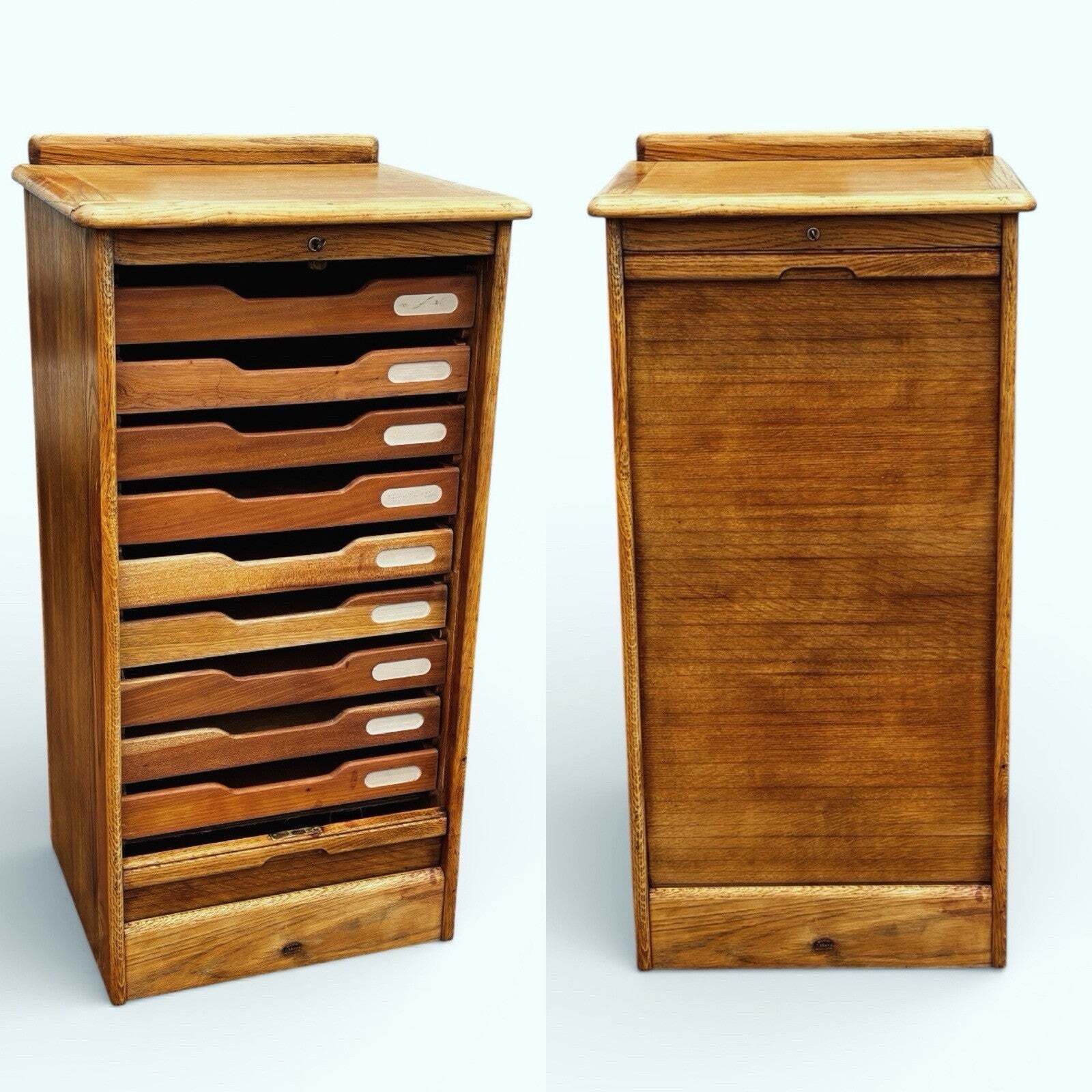 Light Oak Set Of 9 Filing Drawers With Tambour Rolling Front, With Key